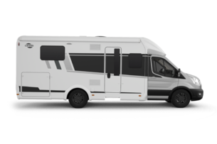 Carado motorhome in side view, white and grey semi-integrated vehicle shown on a cut-out background