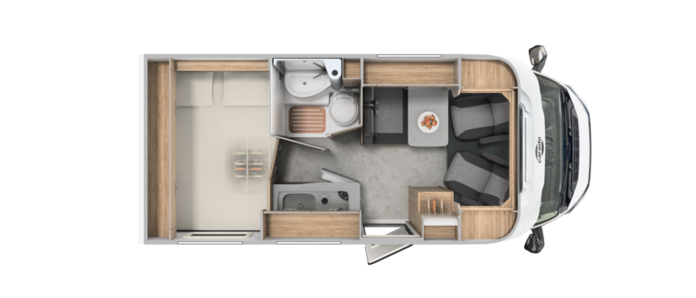 Vue de dessus de l’implantation du camping-car Carado avec lit arrière, salle de bain, coin salon et cuisine