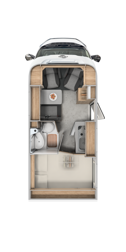 Top view of the Carado motorhome layout with rear bed, bathroom, seating area and kitchen