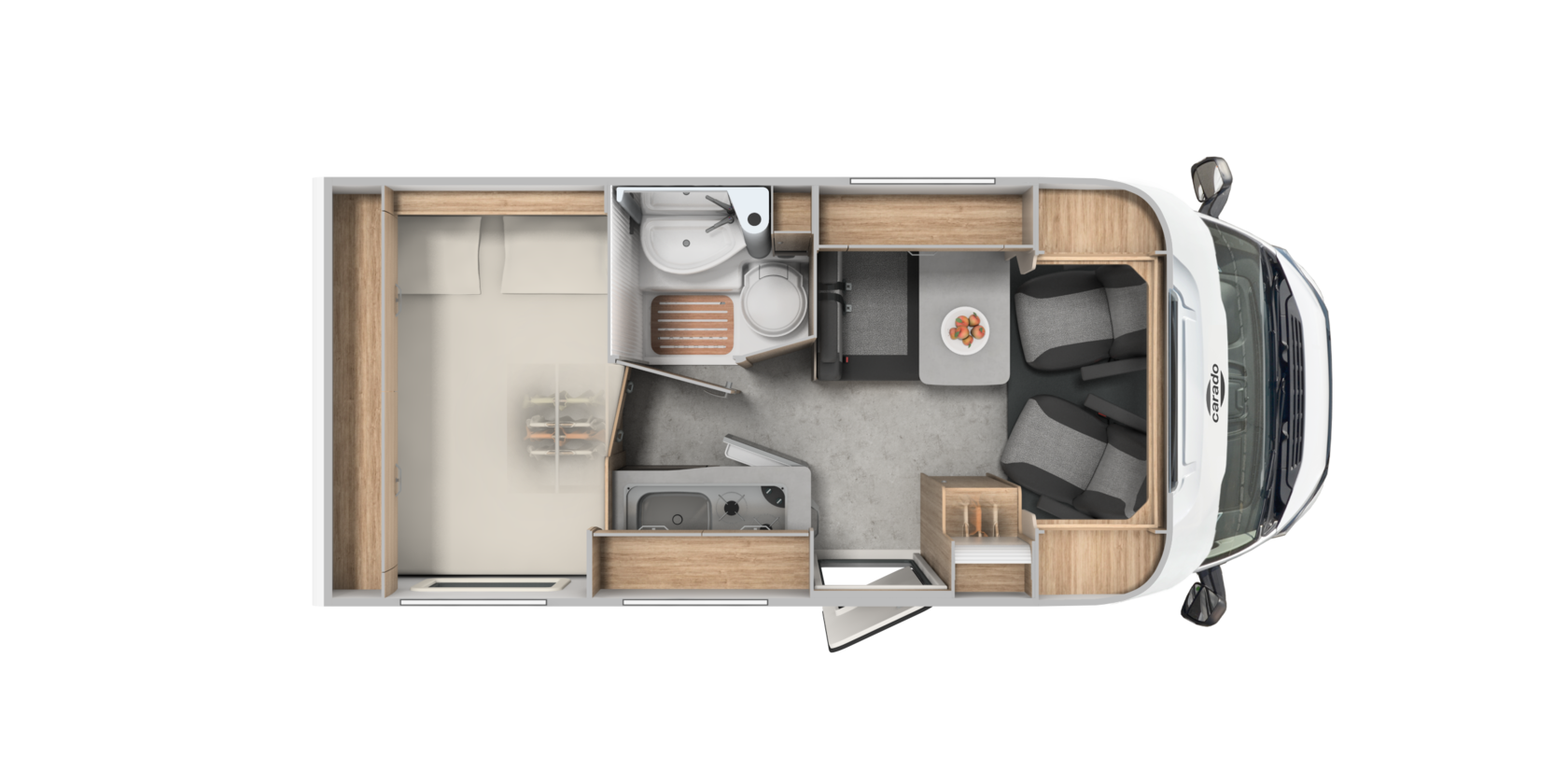Top view of the Carado motorhome layout with rear bed, bathroom, seating area and kitchen