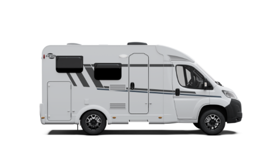 Carado motorhome, side view of a white semi-integrated motorhome