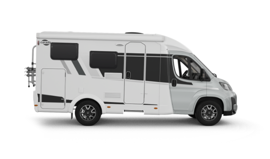 Carado motorhome, side view of a white low-profile model on a transparent background