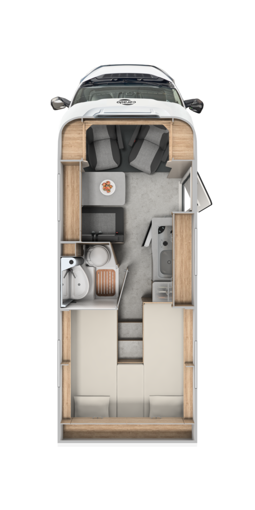 Grundriss Carado Wohnmobil mit zwei Einzelbetten, Bad, Küche und Sitzgruppe
