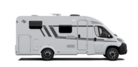 Carado motorhome, side view of a white semi-integrated motorhome