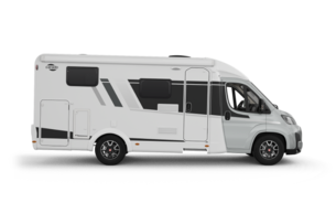 Carado motorhome in side view, white semi-integrated motorhome isolated on a black background
