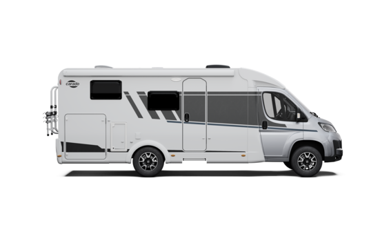 Carado motorhome, side view with entrance door, awning, rear bike rack and storage compartment flap