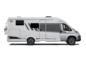 Carado motorhome in side view, white semi-integrated vehicle with door, windows and awning, isolated on a white background