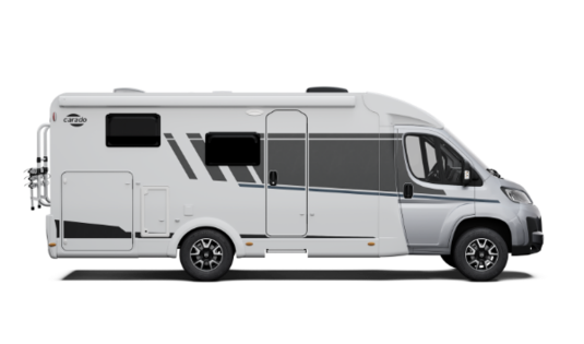 Carado motorhome in side view, white semi-integrated vehicle with door, windows and awning, isolated on a white background