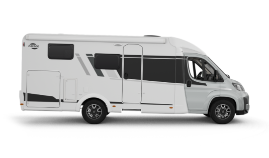 Carado motorhome, left-side view with entrance door, windows and awning, isolated