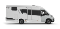 Carado motorhome, left-side view with entrance door, windows and awning, isolated