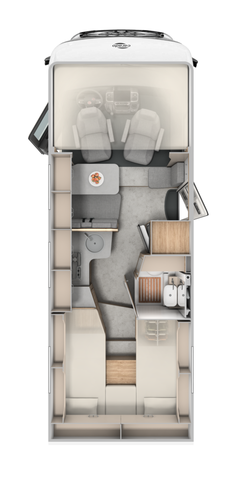 Carado motorhome floor plan with single beds, dinette, kitchen and bathroom in top view