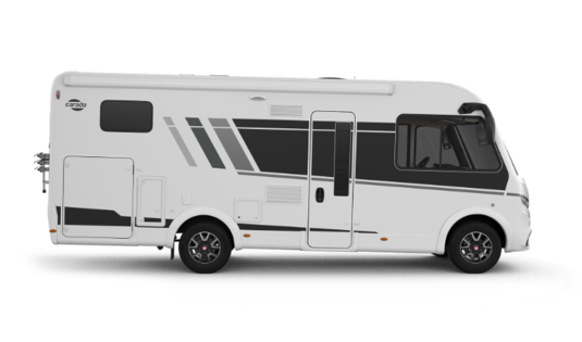 Carado motorhome, side view of a white integrated motorhome on a transparent background