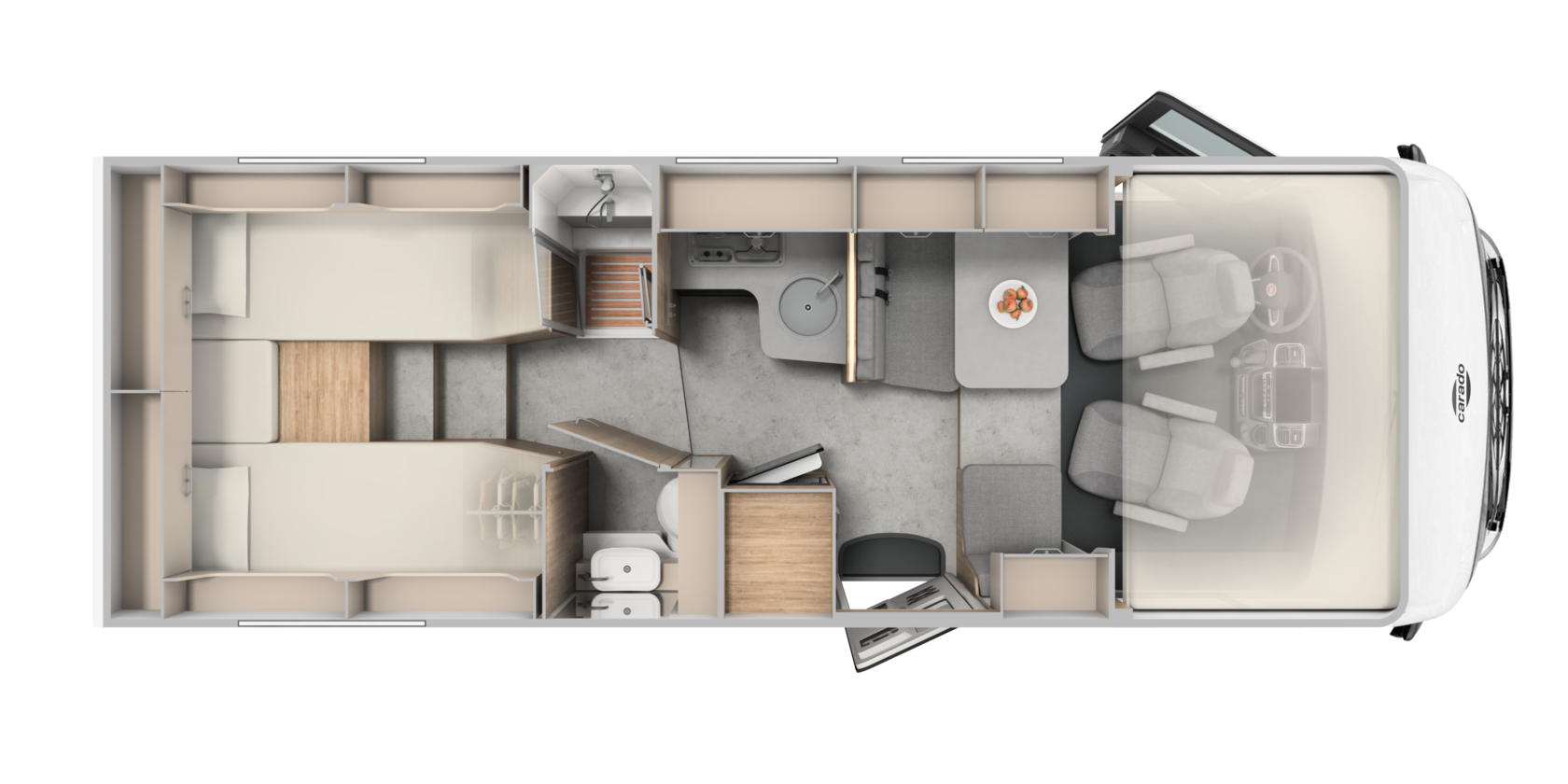 Top view of a Carado motorhome floor plan with rear bed, bathroom, kitchen and dinette