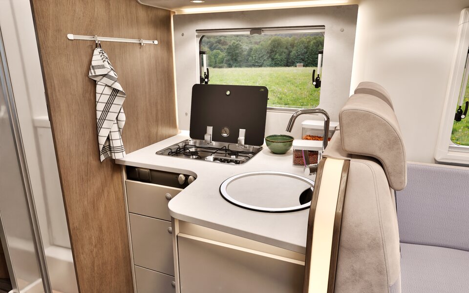Carado motorhome kitchen with sink, gas hob, worktop and window