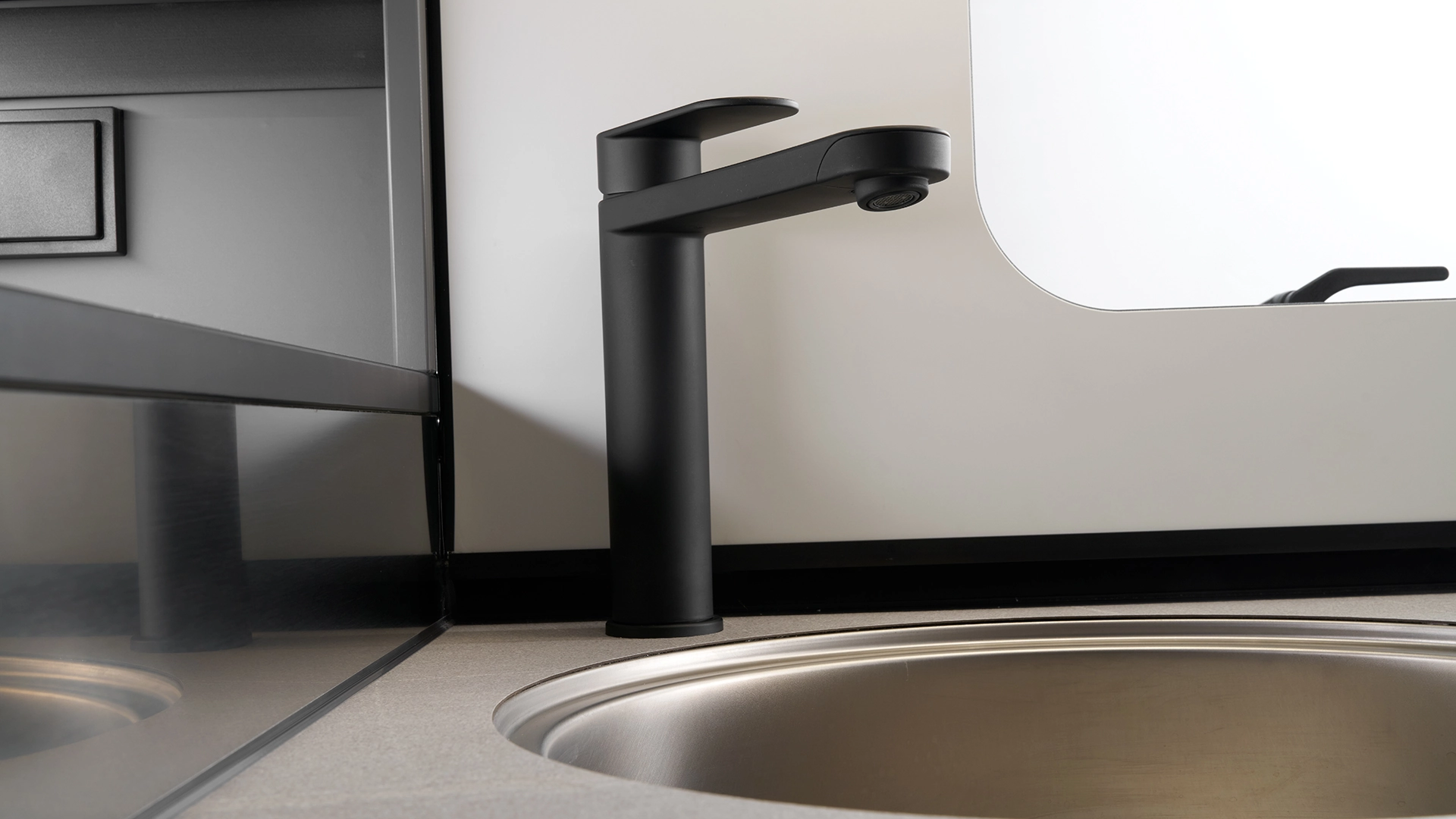 Close-up of the kitchen sink in the Eriba caravan