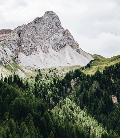 Malerische Berglandschaft im Campingurlaub mit einem felsigen Gipfel im Hintergrund, umgeben von Nadelwäldern und sanften Hügeln.