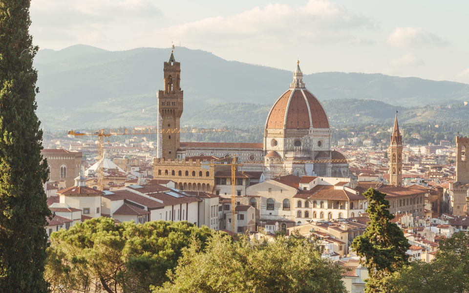 Panoramablick beim Camping auf Florenz mit der Kathedrale Santa Maria del Fiore, dem Palazzo Vecchio und grünen Pinien im Vordergrund.