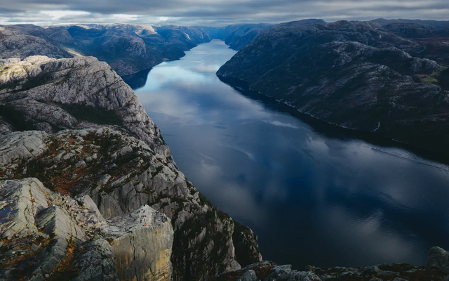 View of the fjord, mountain landscape on the left and right
