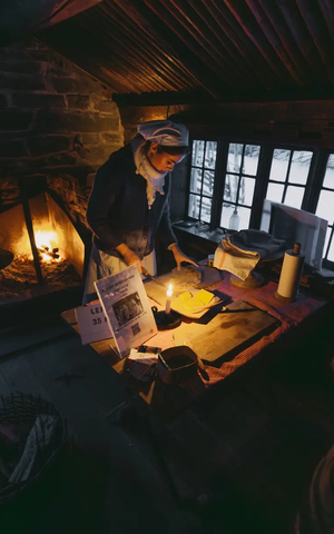 Woman in a cabin, fire burning in the fireplace in the background