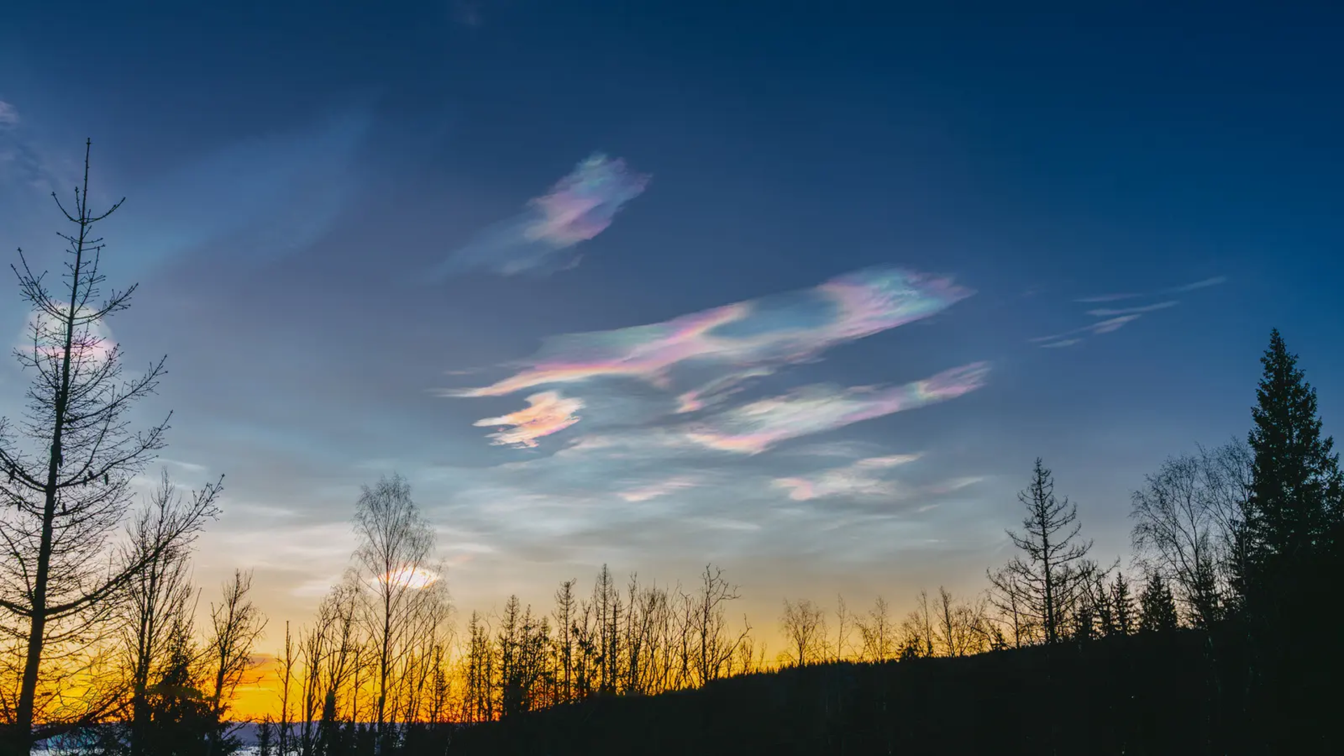 Dusk, iridescent clouds in the sky