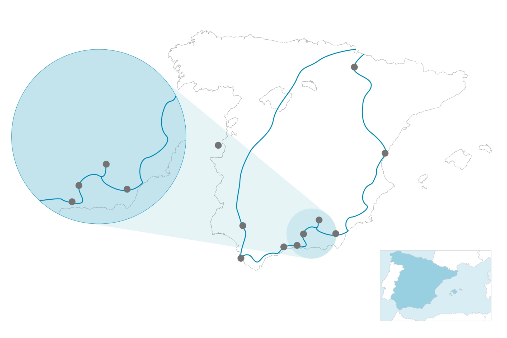 Travel sketch, showing a travel route in Norway with spots and connecting lines