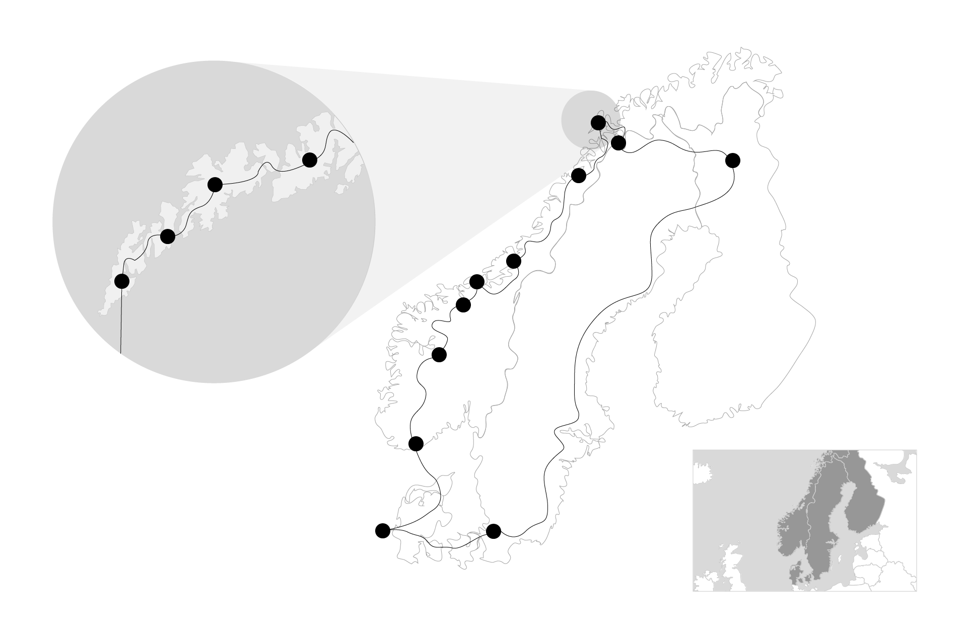 Reiseskizze, die mit Spots und Verbindungslinien eine Reiseroute in Norwegen darstellt